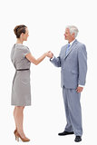 White hair businessman smiling face to face and shaking hands wi