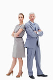 Serious white hair businessman back to back with a woman 