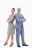 White hair businessman back to back with a woman and smiling 