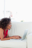 Woman on the couch, looking at and using her laptop