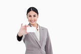 Smiling saleswoman presenting her business card