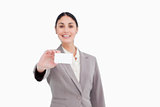 Blank business card being presented by saleswoman