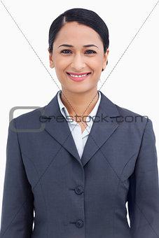 Close up of happy smiling saleswoman