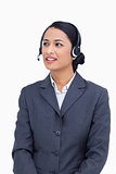 Close up of talking call center agent