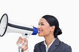 Close up of smiling saleswoman with megaphone
