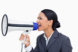 Close up of saleswoman shouting through megaphone