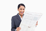 Close up of surprised saleswoman reading the news paper
