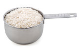 White long grain rice presented in an American metal cup measure