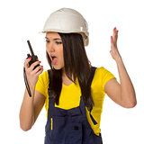 Angry worker looking to walkie-talky
