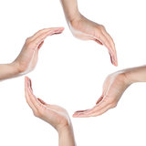 Conceptual symbol of human hands making a circle on white background with a copy space in the middle