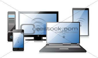 Computer, Laptop Tablet and Phone with connection