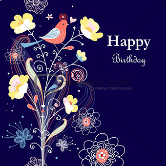 greeting card with flowers and bird