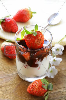dairy dessert with chocolate sauce and strawberries