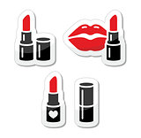 Lips and red lipstick vector icon set