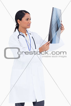 Side view of female physician checking x-ray