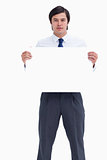 Tradesman holding blank sign
