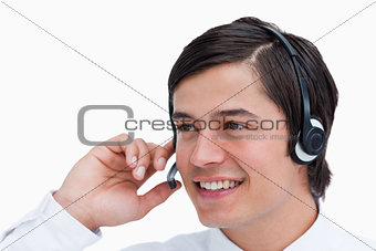 Close up of male call center agent in a conversation
