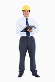 Smiling male architect with pen and clipboard
