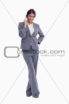 Female call center agent with crossed legs