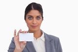 Female entrepreneur showing her business card