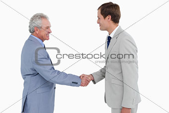 Side view of tradesmen shaking hands