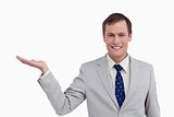 Close up of smiling businessman with his palm up