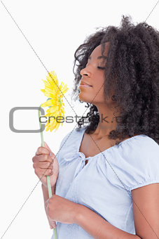 Young curly woman smelling a beautiful flower