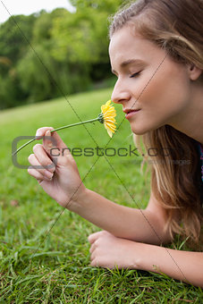 Young calm woman closing her eyes while smelling a yellow flower