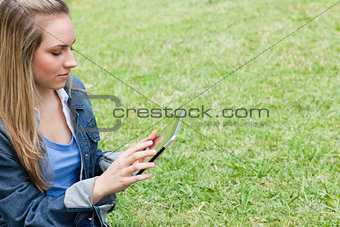 Young serious girl using her tablet pc in the contryside