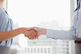 Two women shaking hands in the office