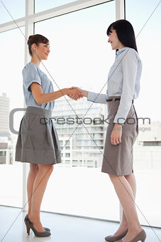 Both women smiling as they shake hands