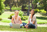 Smiling women sitting in the park with a laptop