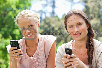Friends with their cellphones in the park
