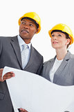 Smiling business people wearing hard hats are holding a paper
