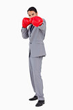 Businessman wearing boxing gloves 