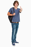 Smiling male student with a backpack the thumb-up