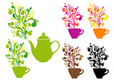 coffee and tea with color swirls, vector set