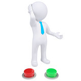 3d man standing near the red and green buttons