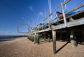Boats in winter storage on Southend Beach, Essex, England