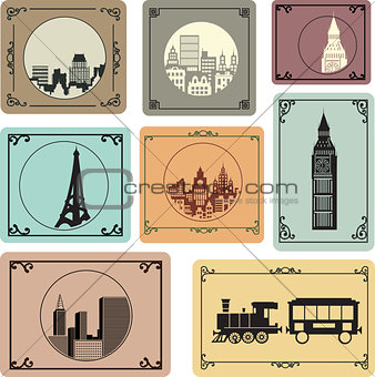Vector set of silhouettes of cities in retro style