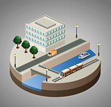 Vector isometric view of the city to the quay and the ship