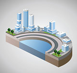 Vector isometric view of the harbor and skyscrapers