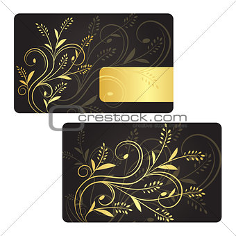 Luxury business card with golden swirls and golden label