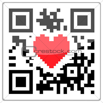 QR code with a red heart inside. QR-Code with a glossy effect.