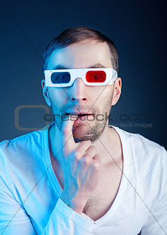 man and  stereo glasses