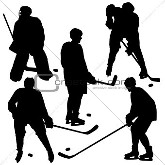 Set of silhouettes of hockey player. Vector  illustrations.