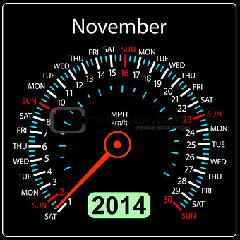 2014 year calendar speedometer car in vector. November.