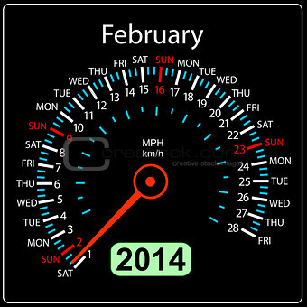 2014 year calendar speedometer car in vector. February.