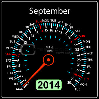 2014 year calendar speedometer car in vector. September.