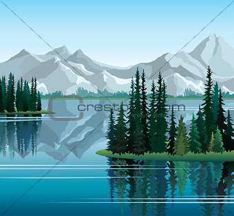 Pine trees reflected in water with mountains